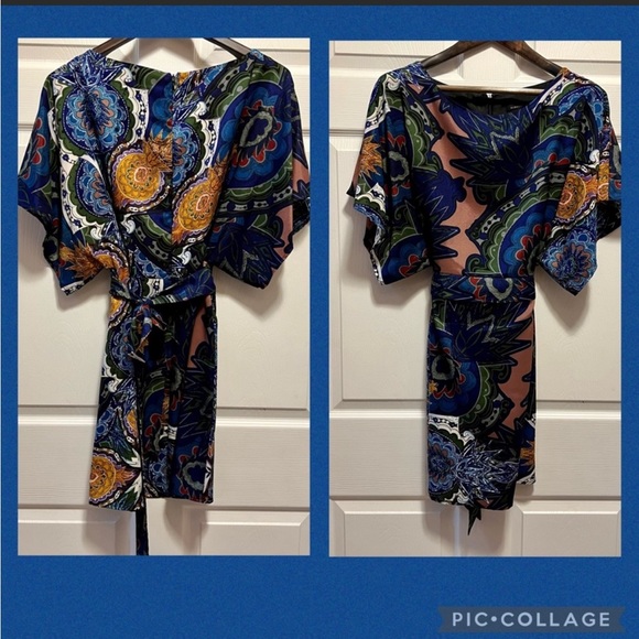 EUC BCBG MAXAZRIA DRESS Casual cocktail work dolman sleeves blue green gold Med - Picture 13 of 15